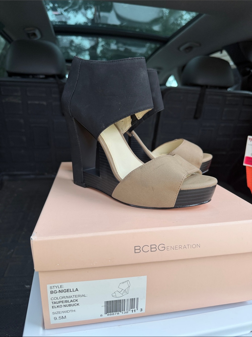 BCBGeneration Taupe and Black Nubuck Wedge Sandals